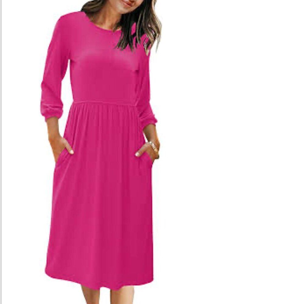 Hot Pink 3/4 Balloon Sleeve High Waist T Shirt Midi Dress | Size XL